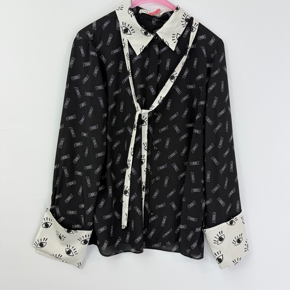 Alice + Olivia Feminist Silk Blouse Womens M Black White Graphic Eye CC908P33003